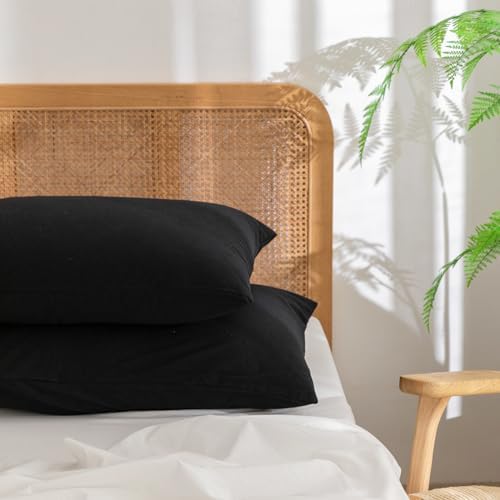 BESTOUCH Washed Cotton Pillowcases Linen Feel Deep Black Standard by BESTOUCH