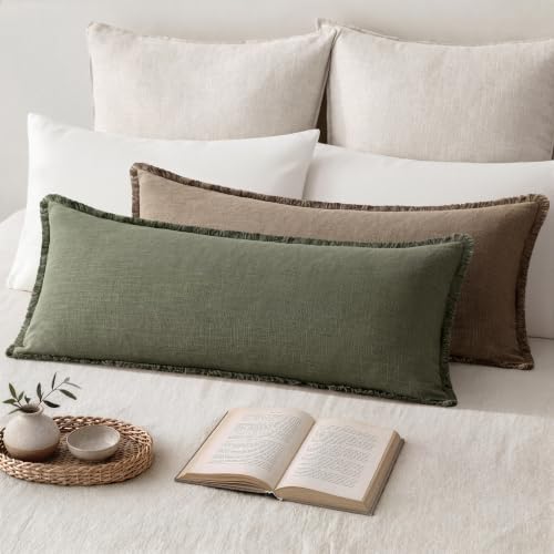 MIULEE 14x36 Long Linen Fringe Lumbar Pillow Covers Set of 1 Olive Green - Image 3