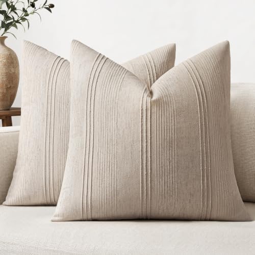 MIULEE Decorative Striped Throw Pillow Covers 16x16 in Natural Linen 2 Pack by MIULEE