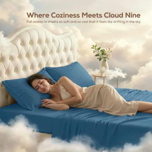 King Sheets Set, 4 Pieces 16" Deep Pocket Hotel Luxury Bedsheets, Dusk Blue - Image 4