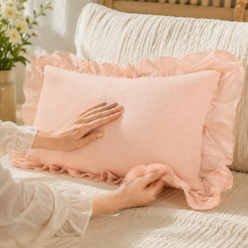 JoraLion Ruffled Throw Pillow Cover 12x20 Solid Blush Pink - Image 5