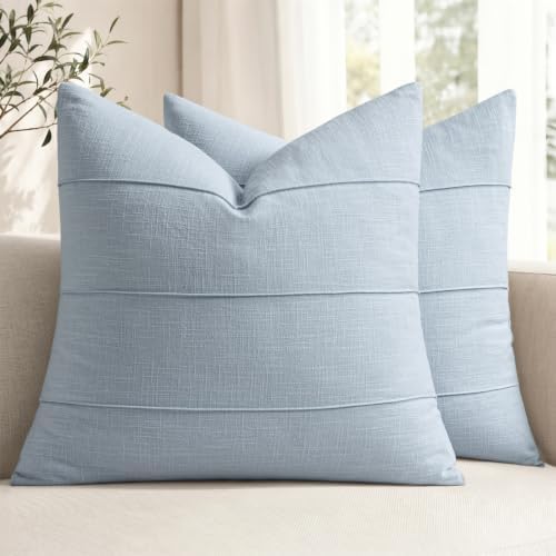 MIULEE Decorative Linen Throw Pillow Covers 18x18 Light Blue Striped by MIULEE