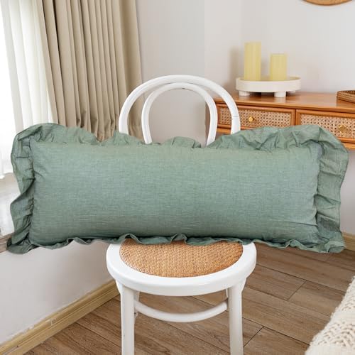 JoraLion Ruffled Lumbar Pillow Cover 14x36 Solid Green - Image 3