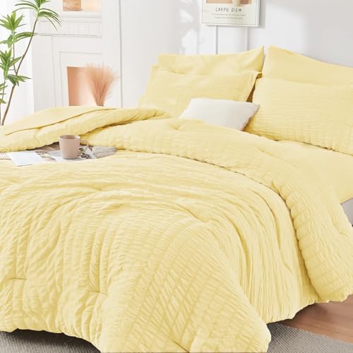 HYMOKEGE Yellow King Size Comforter Set Seersucker 7 Pieces, All Season Luxury by HYMOKEGE