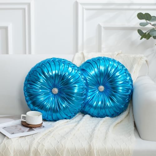 HIG Set of 2 Blue Metallic Leather Decorative Round Pleated Throw Pillows by HIG