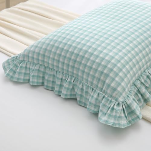 Mywinlle Dusty Blue Checkered Ruffle Bed Pillow Shams Standard Size 20"x26" - Image 7