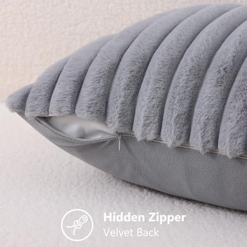 decorUhome Fall Faux Fur Throw Pillow Covers 12x20 Set of 2 Grey - Image 3