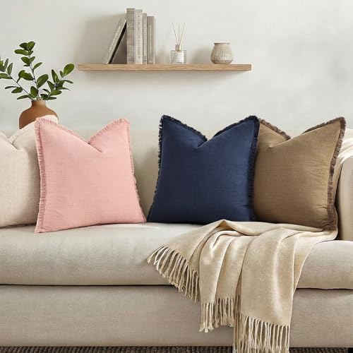decorUhome Linen Fringe Navy Blue Throw Pillow Covers 20x20 Set of 2 - Image 5