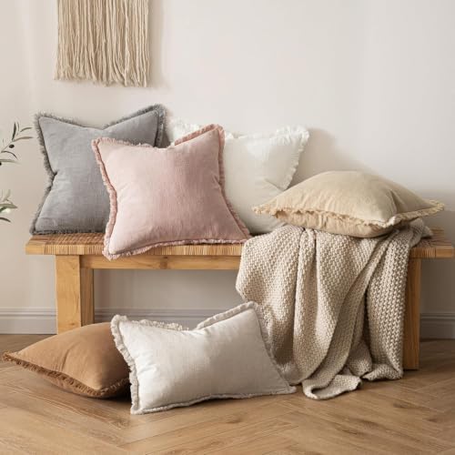 MIULEE Linen Fringe Decorative Lumbar Throw Pillow Covers Light Pink 12x20 - Image 7