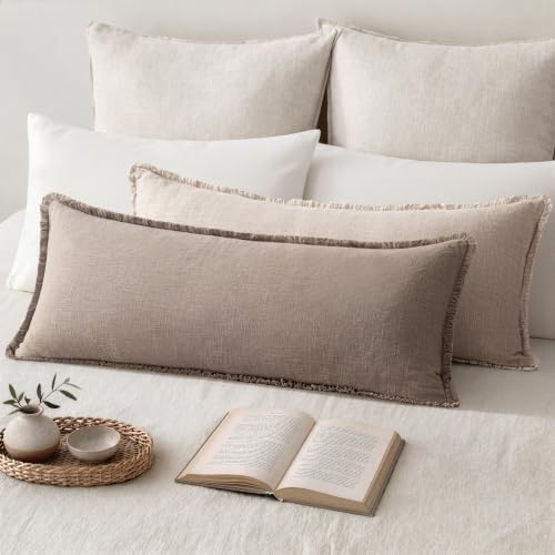 MIULEE 14x36 Long Linen Fringe Lumbar Pillow Covers Set of 1 Dune - Image 3