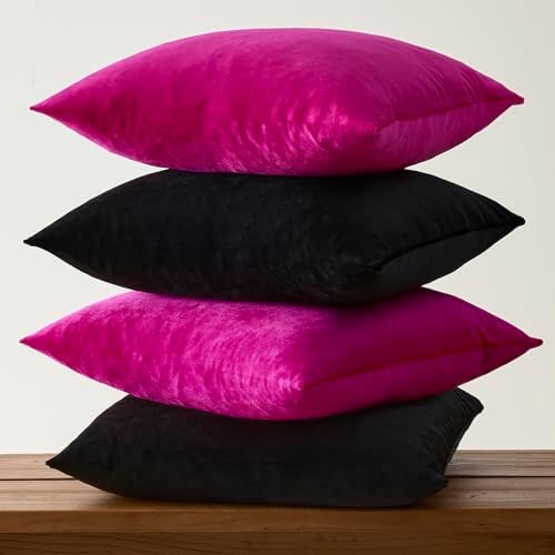 GIGIZAZA Pack of 4 Decorative Velvet Pillow Covers 16x16 Black Hot Pink - Image 4