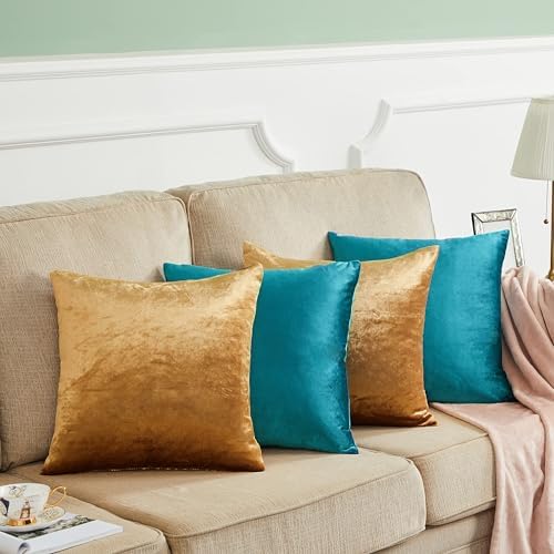 GIGIZAZA Pack of 4 Decorative Velvet Pillow Covers 16x16 Teal Gold - Image 2
