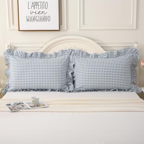 Mywinlle Blue Gingham Ruffle Pillow Covers King Size Set of 2 - Image 3