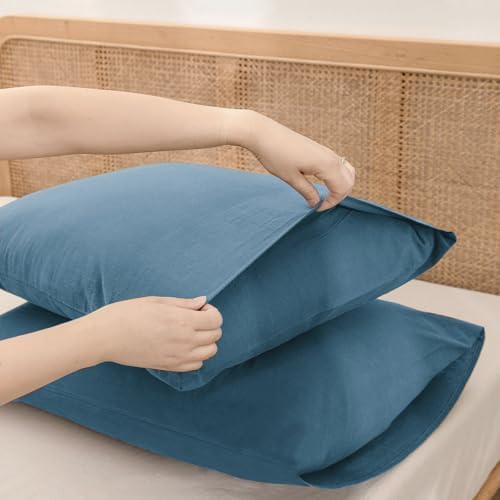 BESTOUCH Washed Cotton Pillowcases Linen Feel Dark Blue Standard - Image 4
