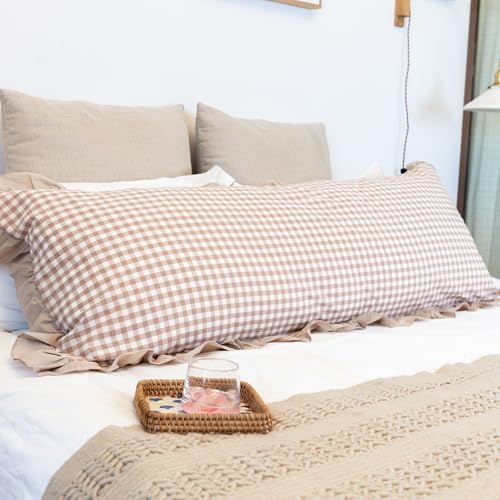 JoraLion Ruffled Body Pillow Cover 20x54 Gingham Khaki Solid Edge - Image 6