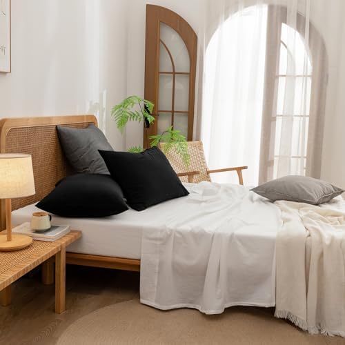 BESTOUCH Washed Cotton Pillowcases Linen Feel Dark Grey Euro - Image 5
