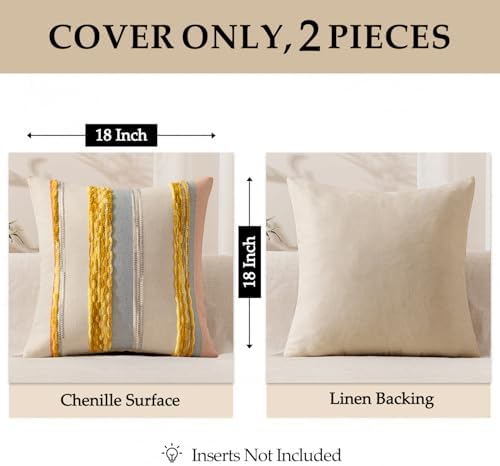 ANRODUO Boho Decorative Throw Pillow Covers Yellow Stripe 18x18 Pack of 2 - Image 4