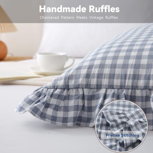 Gingham Lumbar Pillow Cover 36x14, Dusty Blue, Ruffle Trim, 1 Pack - Image 5