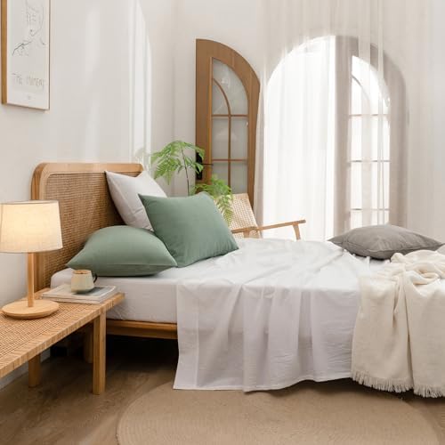 BESTOUCH Washed Cotton Pillowcases Linen Feel Green Standard - Image 5