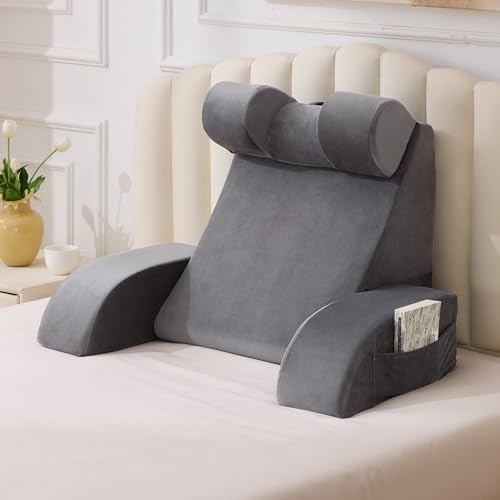 21" Reading Pillow for Bed Grey, Flip Headrest and Back Support by Velorose