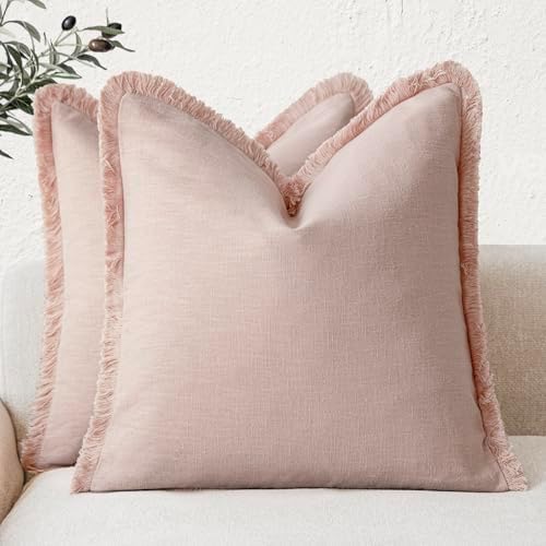 Foindtower Decorative Linen Fringe Throw Pillow Covers 18×18 Light Pink by Foindtower