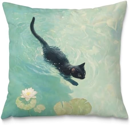 Black Cat Art Painting Throw Pillow Covers 18x18, Aesthetic Cats Decor Pillow by Fuasei