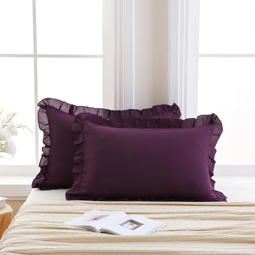 Merryword Dark Purple Pillowcases King Size Ruffled Pillow Shams Set of 2 Cute - Image 2
