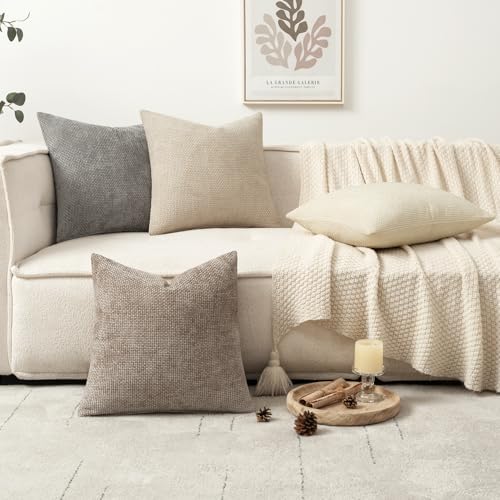 MIULEE Decorative Chenille Pillow Covers Neutral Beige 18x18 Pack of 4 - Image 5