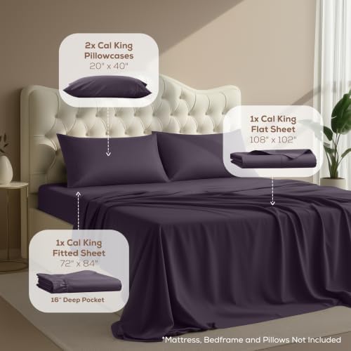 Cal King Sheets Set, 4 Pieces 16" Deep Pocket Bed Sheets, Dark Purple - Image 2