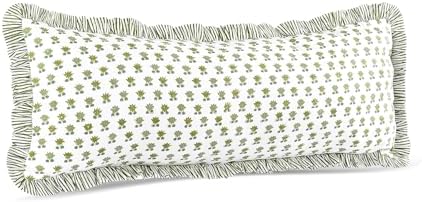 CPC Block Print Lotus Meadow Ruffle Cotton Lumbar Pillow Cover 14x36 inch - Image 5