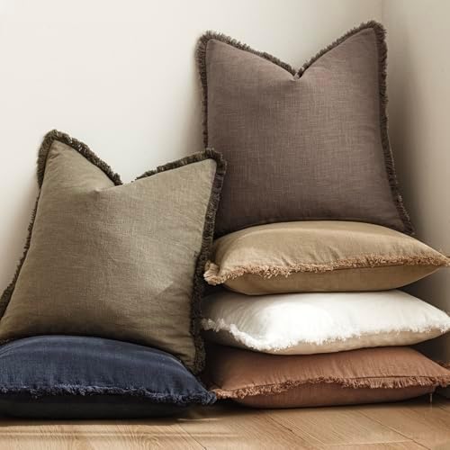 Foindtower Decorative Linen Fringe Throw Pillow Covers 16×16 Light Coffee - Image 6