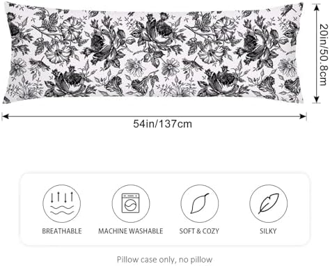 Black and White Porcelain Floral Body Pillow Cover 20x54 Long Pillow Case - Image 2