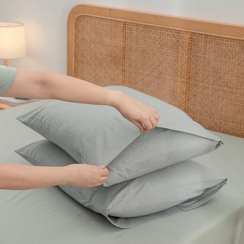 BESTOUCH Washed Cotton Pillowcases Linen Feel Northern Droplet Grey Queen - Image 4