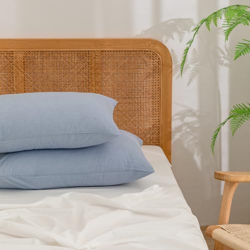 BESTOUCH Washed Cotton Pillowcases Linen Feel Cornflower Blue Queen by BESTOUCH