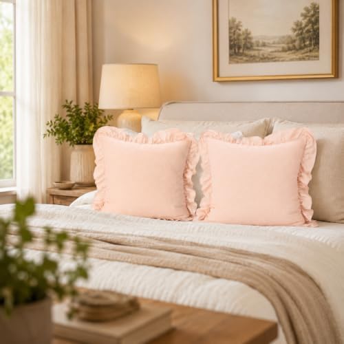JoraLion Ruffled Throw Pillow Cover 18x18 Solid Blush Pink - Image 4
