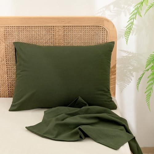 BESTOUCH Washed Cotton Pillowcases Linen Feel Olive Green 16 X 26 inch - Image 2
