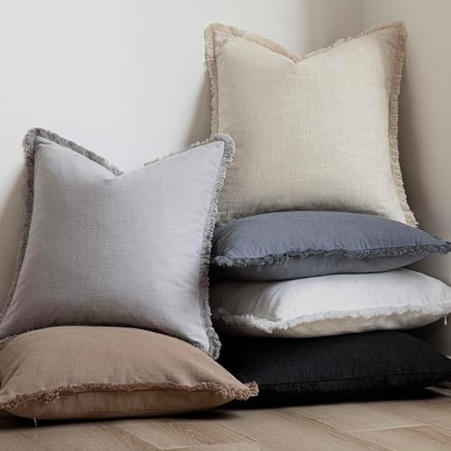 Foindtower Decorative Linen Fringe Throw Pillow Covers 26×26 Light Gray - Image 6