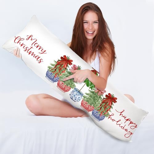 Chinoiserie Christmas Tree Body Pillow Cover 20x54, Grandmillennial Christmas - Image 3