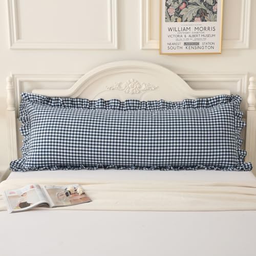 Silnuo Navy Blue/White Gingham Plaid Ruffled Body Pillow Cover 20"x54" - Image 2