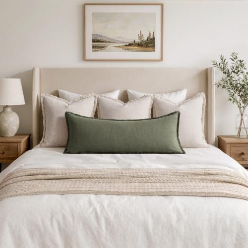 MIULEE 14x36 Long Linen Fringe Lumbar Pillow Covers Set of 1 Olive Green - Image 2