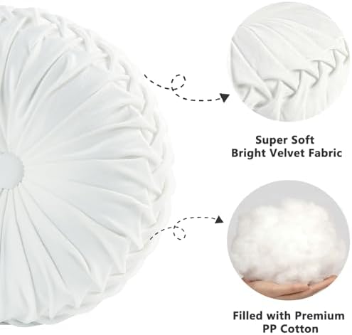 HIG Set of 2 Off White Velvet Decorative Round Pleated Throw Pillows - Image 3
