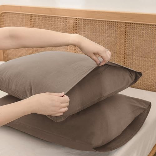 BESTOUCH Washed Cotton Pillowcases Linen Feel Pine Bark Brown King - Image 4