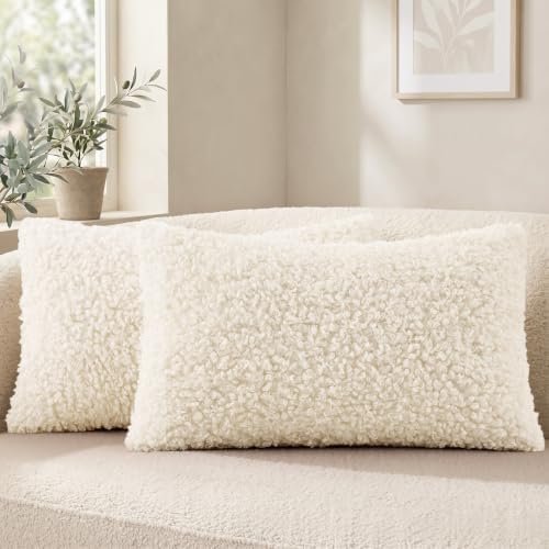 decorUhome Sherpa Throw Pillow Covers 12x20 Set of 2 Neutral Cream by decorUhome