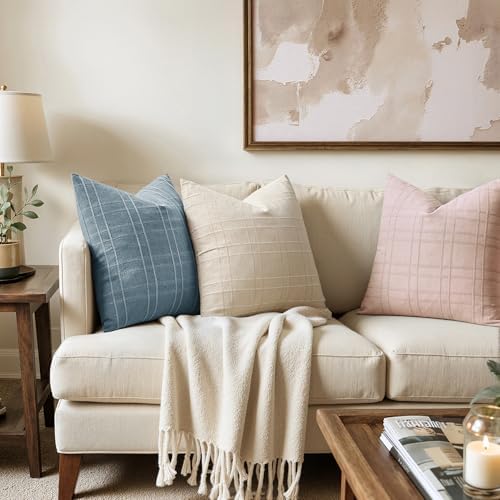 MIULEE Linen Plaid Pillow Covers Decorative 18x18 Light Pink - Image 3