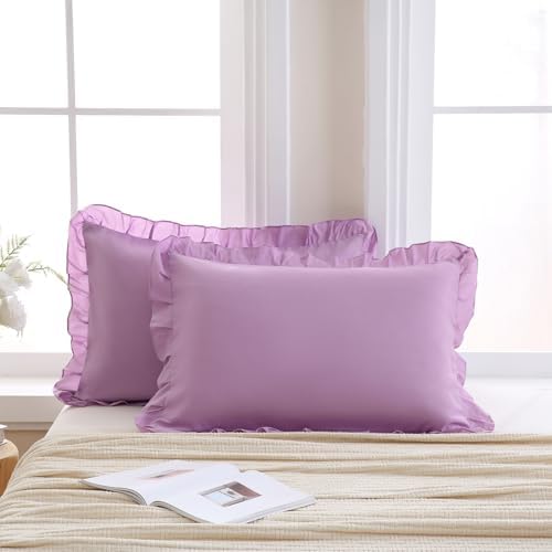 Merryword Lavender Purple Pillowcases King Size Ruffled Pillow Shams Set of 2 - Image 2