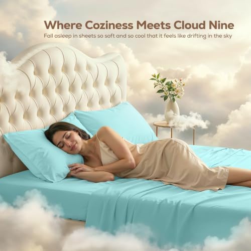 Full Sheets Set, 4 Pieces 16" Deep Pocket Hotel Luxury Bed Sheets, Spa Blue - Image 4