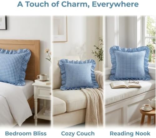 Silnuo 2 Pack Royal Blue/White Gingham Ruffle Throw Pillow Covers 20"x20" - Image 4