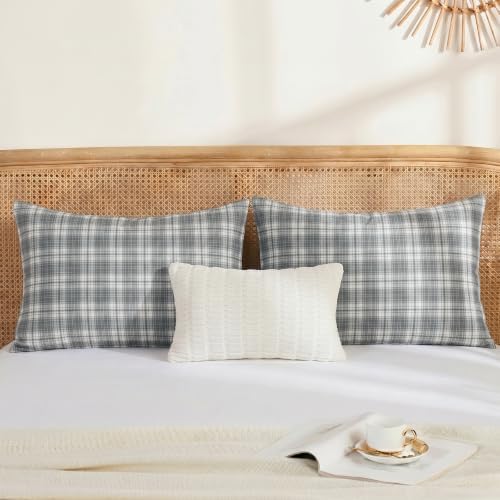 Merryword 100% Cotton Pillow Cases, Queen Size, Mist Gray Plaid Pillowcases - Image 4