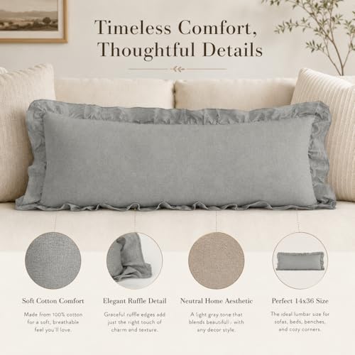 JoraLion Ruffled Lumbar Pillow Cover 14x36 Solid Light Gray - Image 5
