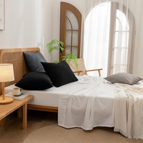 BESTOUCH Washed Cotton Pillowcases Linen Feel Dark Black Euro - Image 5